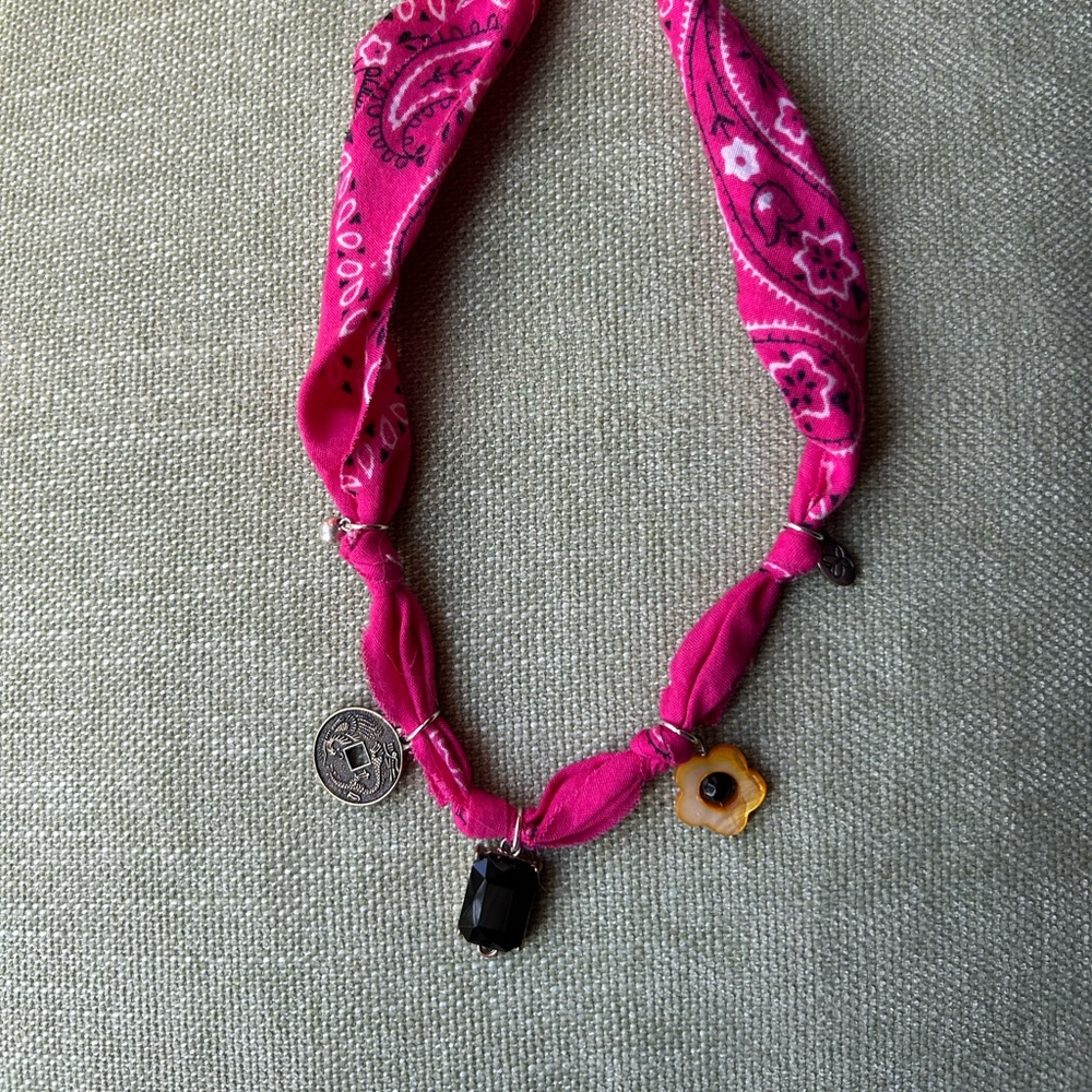 Pink Bandana charm flower jewel coin token necklace choker 18in clasping